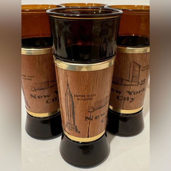 Vintage Siesta Ware “New York City” Glasses – Set of 4 with Walnut Wood Jacket - Picture 5 of 9